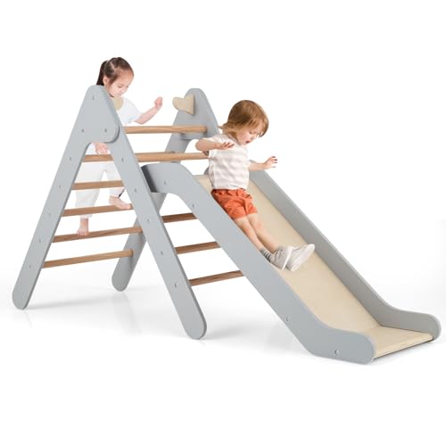 COSTWAY 2 en 1 Triangle d'escalade Montessori Enfant avec Toboggan, Echelle d’Escalade en Bois avec Hauteur Réglable, Jouet d'escalade pour Chambre Salle de Jeux, Charge 60kg pour Enfants de 1 an+…