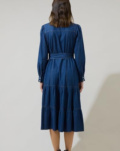 Women Casual Long Denim Dress Babydoll Ruffle Long Sleeve Button Down Jean Shirt Midi Dresses with Belt2