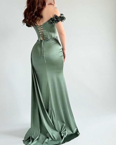 Off The Shoulder Prom Dresses for Women 3D Flower Satin Bridesmaid Dress with Tail Mermaid Evening Gowns2