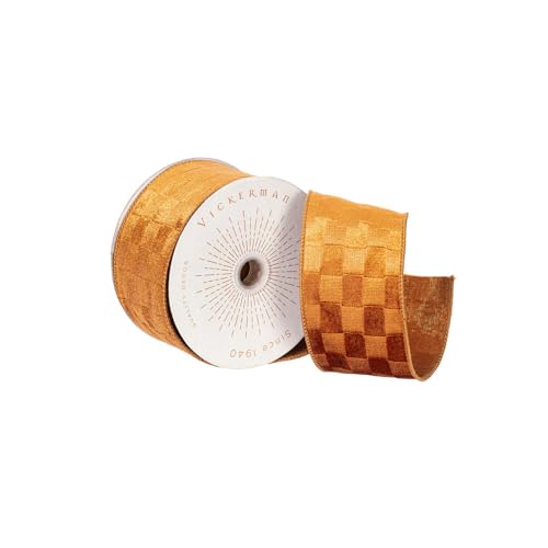Vickerman 2.5" x10yd Mocha Velvet Checkered Satin Back Ribbon.