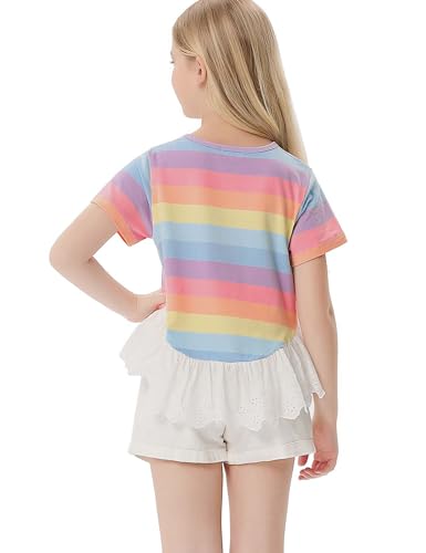 Girls 2024 Summer Short Sleeve Tops Crewneck Color Block Striped T-Shirts Ruffle Tunic Tees Blouses2