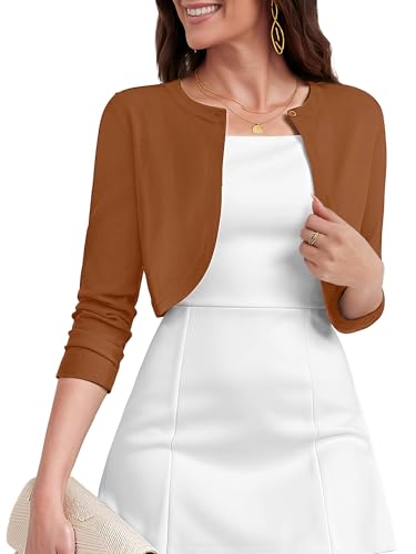 Heymoments Women's Thin Shrugs for Dresses Brown Medium Open Front 3/4 Sleeve Knit Lightweight Crop Cardigan Dressy Cropped Tops Coat Sweater Clothes