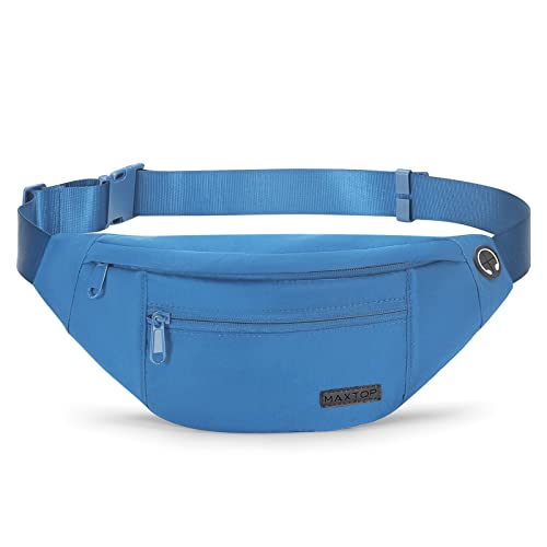 MAXTOP Blue Bumbag Waist Fanny Pack Running Belt for Women Men Unisex Bum Bag with Headphone Jack and 4-Zipper Pockets Adjustable Belt for Outdoors Workout Hiking Gifts for Women Men