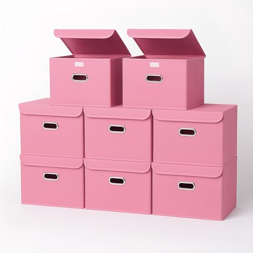STOREONE Fabric Storage Cube Bins Foldable Organizer Container Collapsible Basket with Lids and Metal Handles, for Home, Bedroom, Closet 8 Pcs (Pink)