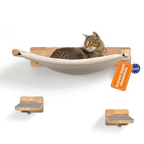 WOOWOOD® Kletterwand Katzen inkl. 2X Katzentreppe Wand [Massivholz] I Kratzbaum Wand I Hängematte Katze I Katzenwand I Wandkratzbaum I Katzenmöbel...