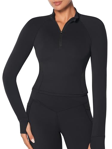 Sunzel Women's Long Sleeve Workout Crop Tops, Half Quarter Zip Compression Shirts with Thumbholes Quick Dry Athletic Running Black Large