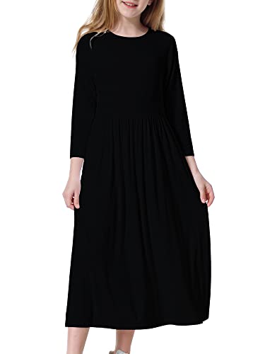 Mmoitkki Girls Black Maxi Dresses With Pockets Kids Spring Casual Loose Plain Long Sleeve Long Dress Size 12 #TOP1