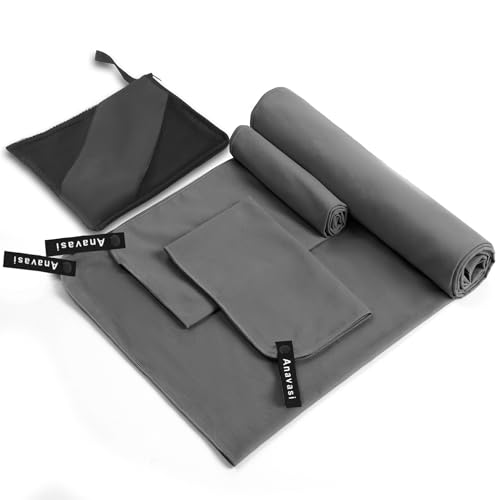 Anavasi 3 PCS Microfibre Towels for Adults, (180 * 80 + 80 * 40 + 50 * 30) Microfibre Gym Towels with Net Bag, Lightweight and Quick Dry Travel Towel for Camping Travel Sports (Dark Grey)