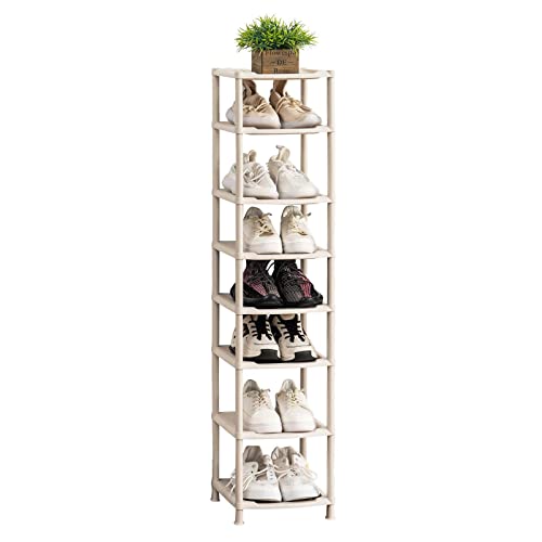 YOUDENOVA シューズラック スリム 靴収納 靴棚 省スペース 大容量 組み立て式 靴置き タワー コンパクト ポリプロピレン製 斜め置き 滑り止め トレー 狭い 玄関 廊下 クローゼット アパート用 靴箱 下駄箱 靴入れ(ベージュ・8段・26x33x112cm)