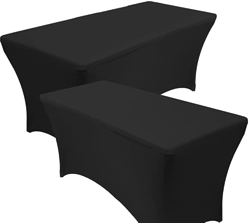 RELIANCER 2 Pack 6FT Rectangular Spandex Table Cover Four-Way Tight Fitted Stretch Tablecloth Table Cloth for Outdoor Party DJ Tradeshow Banquet Vendor Wedding Celebration (2PC 6FT, Black)