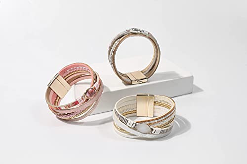 Vercret Leather Wrap Bracelet For Women - Light Grey Multi-Layer Magnetic Clasp Bangle Cuff Stacked Bracelets For Lady And Mother #TOP3