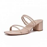 Athlefit Chunky Heels Sandals for Women Square Open Toe Slip On Heels Sexy Double Strap Block Nude Heels Sandals Size 8