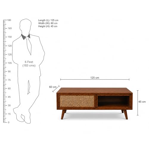 Image of The Attic INES Coffee Table for Living Room, Solid Wood Centre Table with Cane with Sliding Doors, Honey Matt Finish