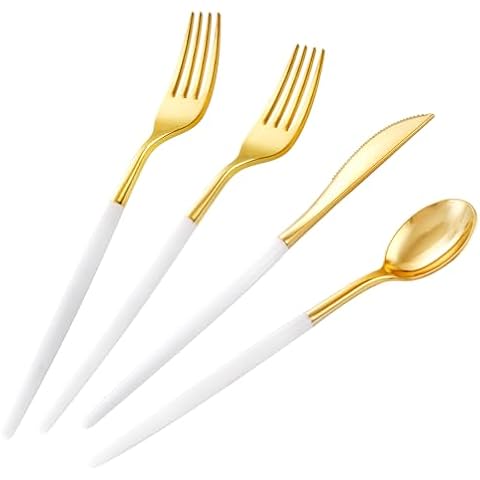 SUT Gold Plastic Silverware, 160Pcs Gold Utensils Set Disposable, 80 Gold Plastic Forks, 40 Gold Knives, 40 Gold Spoons, Gold Plastic Cutlery for Parties, Dinners, Weddings(White Gold) Cover
