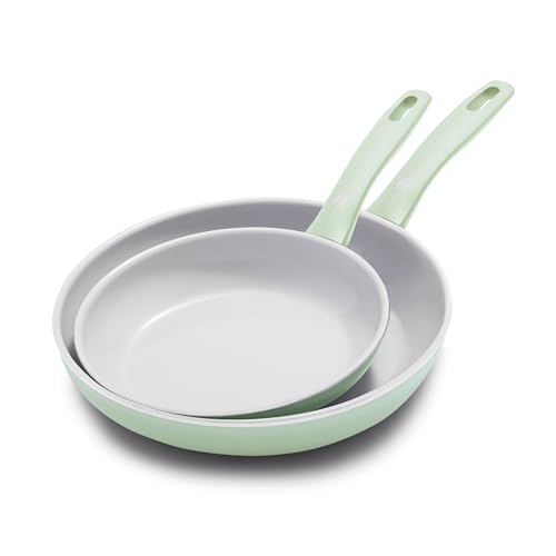 GreenPan Dover 8” & 10” 2 Piece Frying Pan Skillet Set, Non-Toxic PFAS-Free Ceramic Nonstick Coating, Sear Saute Fry Egg Omlete, Dishwasher & Oven Safe, Stay Cool Handle, Easy Pour Rims, Pastel Green by GreenPan - Used condition - US$25.20