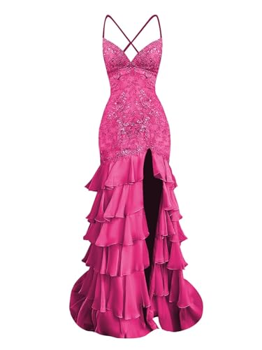 Floral Mermaid Prom Dresses with Slit Ruffle 2025 Sparkly Long Chiffon Backless V-Neck Formal Evening Gown