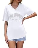 WNEEDU Damska koszulka oversize, na lato, krótki rękaw, dekolt w serek, top basic top, Biały Los Angeles, L