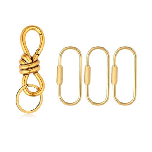 Aquzhou 4 Pack Gold Twist Knot Keychain with Brass Key Ring, D-ring Key chain Bag Charm Fashion Accessory, Heavy Duty Key Rings, Purse Bag Charms Carabiner