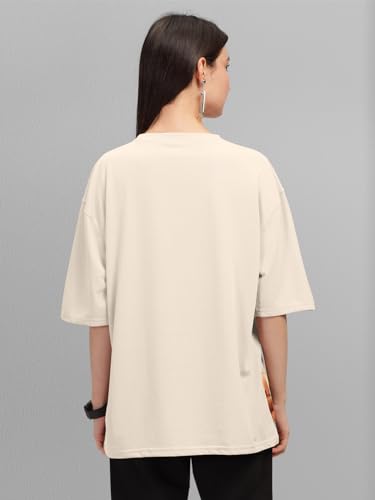 Image of HELLCAT Beige Trendy Printed Oversized T-Shirt for Women