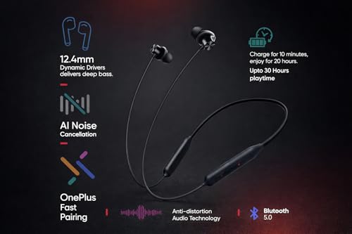 Image of Original for Oneplus Z2 ENC Bluetooth Wireless in Ear Neckband with Mic, Bombastic Bass, 10 Mins Charge - 38 Hrs Music, 13.6mm Driver, IP55 Dust & Water Resistant, Booming Black