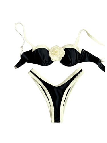 GORGLITTER Women's Two Piece 3D Flower Bikini Sets Contrast Binding High Cut Thong Swimsuits