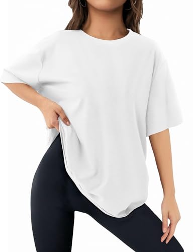 Womens Oversized T Shirts Short Sleeve Summer Tops Crewneck Casual Loose Fit Basic Tee Trendy Plus Size Tops White