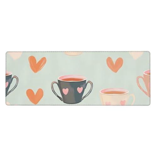 Tapis de souris bureau 80x30 cm motif café cœur avec sous-main antidérapant XL