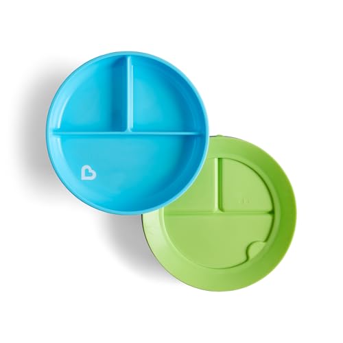 Munchkin Stay Put Divided Plates | Zestaw podzielonych talerzy dla niemowląt z przegrodami | Płyta do ssania 6+m | Bez BPA | 2 sztuki | Niebieski