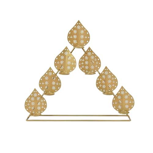 Image of METSY Stylish Metal Cutting Edge Candle Light Holder Leaf in Rectangular Shape | Metal Art | Home Decor Items (Golden Triangular) (Golden Triangular)