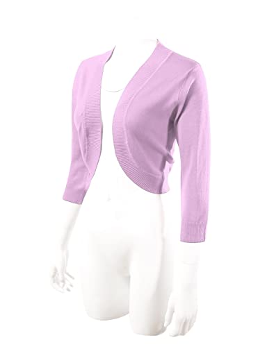 Image of Women's 3 /4 Sleeve Cropped Open Front Bolero Shrug Cardigan Sweater Jacket for Dresses, Lilac, Small