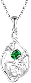 JO WISDOM Scottish Thistle Necklace,925 Sterling Silver Celtic Scotland Flower Outlander Pendant Necklace with Oval 4 * 5mm 3A Cubic Zirconia,Jewelry for Women