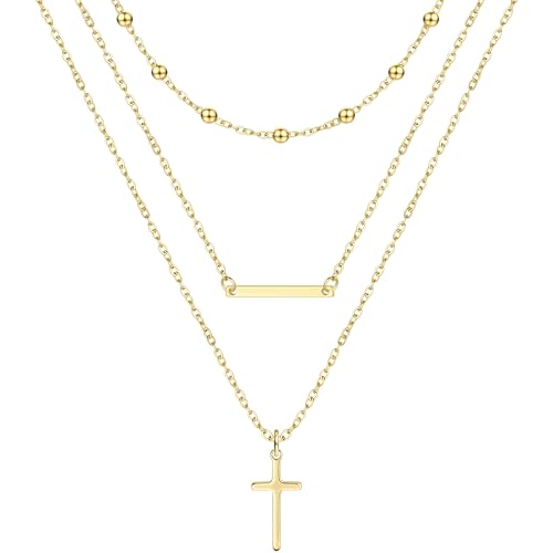Dochais 3 szt. złotych łańcuszków damskich, pozłacany 14-karatowym złotem, naszyjnik damski z zawieszką, wodoodporny złoty łańcuszek krzyżyk/cyrkonia, długi naszyjnik typu choker, zestaw dla kobiet