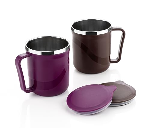 Image of XMART India Insulated Stainless Steel Coffee Mug with Lid - 300ml Double Wall Tea & Milk Mug for Travel, Home, Office, Restaurant Stylish, Leakproof, Drinkware Gifts for Woman,Man (1, Purple)