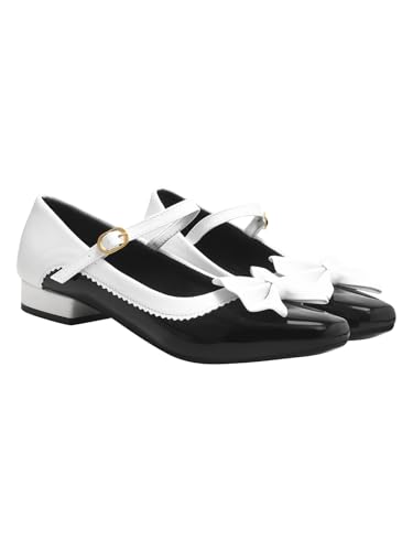 Image of Shoetopia Women's Black & White Mary Jane Heels | Retro Bow Detail Pumps with Strap | Low Heel Dress for Party, Casual & Wedding