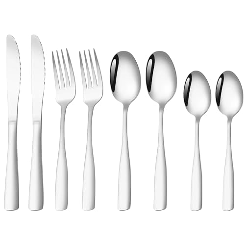 Image of aDai Sterling Silver Silverware Set, Satin Finish | 8-Piece Stainless Steel Flatware Set | Dishwasher Safe Kitchen Cutlery for Home, Restaurant & Gifting