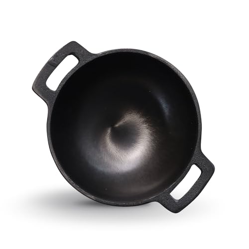 Image of Kichera Pre Seasoned Cast Iron Smooth Kadai | Nonstick Iron kadhai | 100% Pure & Toxin-Free, No Chemical Coating 7inch