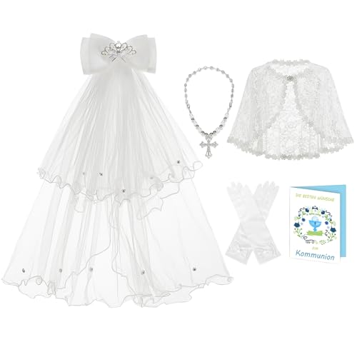 AGCOAH First Holy Communion Veil for Girls Kids White Headband Lace Veils Church Weeding Ceremony, White Pearl Bow Tie Crown
