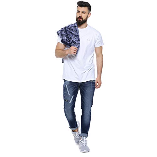 Image of CAHOOT Men' Denim Jeans for Regular Wear Blue Dark Wash Patchwork Slim Fit Jeans Crafted with Comfort Fit and High Performance for Everyday Casual Wear