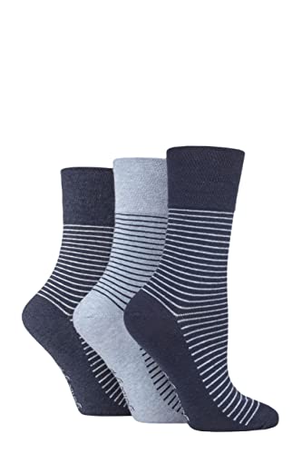 SockShop Gentle Grip Ladies Floral Spotted Patterned and Striped Honeycomb Top Cotton Socks in a Multipack of 3 Assorted Colours Size 4-8 Fine Stripe Navy/Denim 4-8