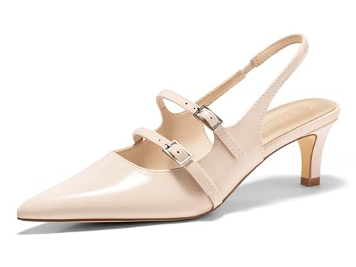 Image of Coutgo Womens Slingback Kitten Heels Mary Jane Pumps Closed Pointed Toe Buckle Strap Wedding Dress Shoes