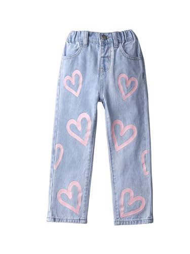 Floerns Calça jeans infantil com estampa floral para meninas, cintura elástica, pernas largas, Azul
