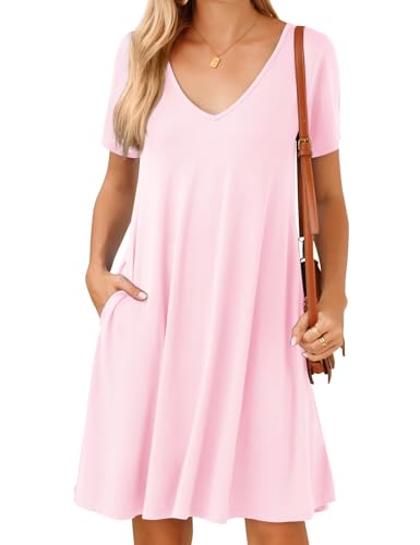 Image of JollieLovin Women T Shirt Plus Size Summer Swing Dresses Short Sleeve V Neck Loose Casual Dress(L-5X)