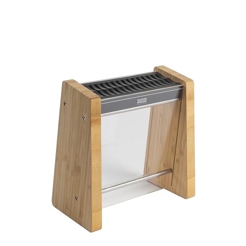 Kuhn Rikon Bloque de cuchillos de bambú helado vacío. Hecho de bambú sostenible con frente de plexiglás transparente. Inserto flexible para varios tamaños de hoja, fácil acceso y extraíble para