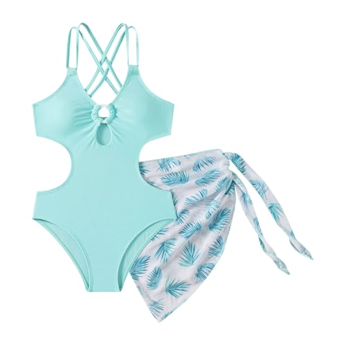 Kids Girls 2-Piece Summer Beachwear Hawaiian Strappy Padded Short Swimwear with Tulle Cover Up Skirt