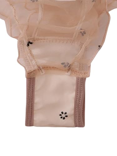 Image of Lilosy Sexy Stretch Ruffle Tie Sheer Mesh Lingerie Set Outfits 2 Piece Women Kawaii Cute See Through Matching Bra Panty Underwear Prints Beige Small