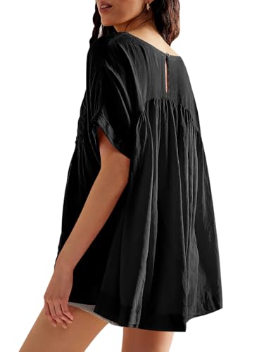 Imily Bela Camiseta Peplum de manga corta para mujer, túnica de verano, camisas, babydoll top holgado, Negro , M
