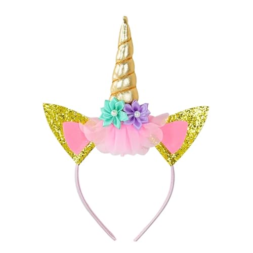 Roffiy Unicorn Horn Headband Gold Glitter Cute Unicorn Flowers Hairband for Women Birthday Party Halloween Cosplay Clothing Hair Decoration Supplies (Golden)