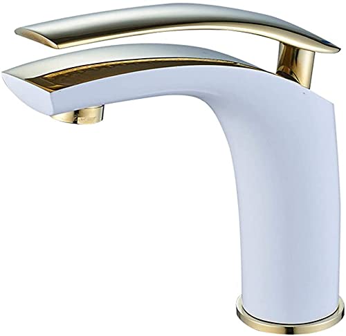 JRUIA Elegant Weiß Waschtischarmatur Bad Wasserhahn Einhebelmischer Mischbatterie Waschbecken Armatur Badarmatur f.Badezimmer aus Messing mit Gold Griffe Cover