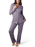 Kindred Bravely Clea Maternity Pajamas & Postpartum Lounge Sets for Women, Long Sleeve Nursing Pajamas (Granite with Lilac Piping, Small)