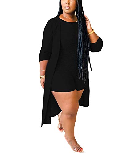 Women Casual 2 Piece Outfits Tracksuit Long Kimono Cardigan Bodycon High Waisted Short Jumpsuit Clubwear Set Black XXL